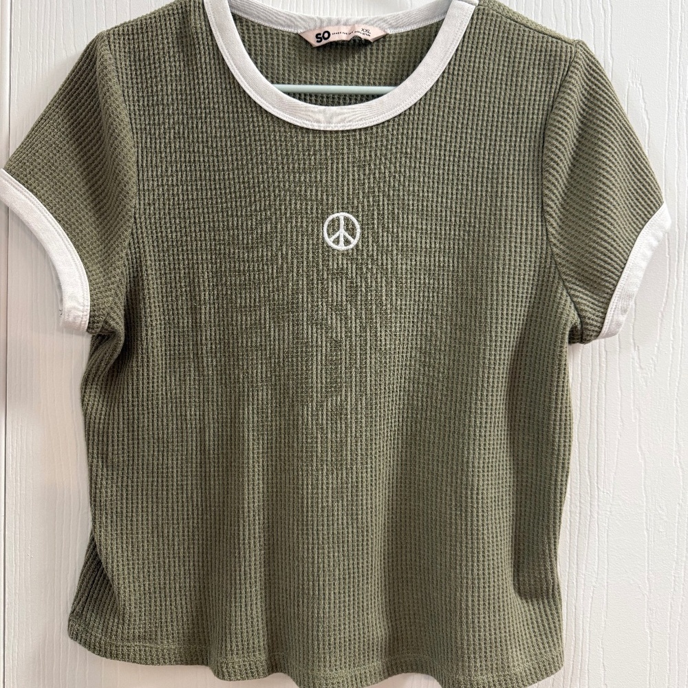 SO Goods for Life Peace Sign Ribbed Ringer Cropped Tee - Juniors XXL